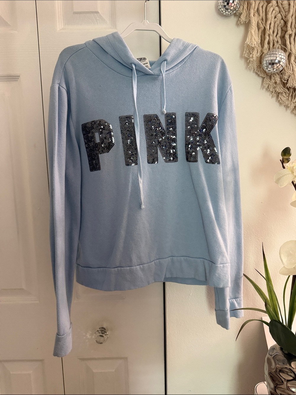PINK Victoria's Secret Light Blue Hoodie with Black Sequin Logo